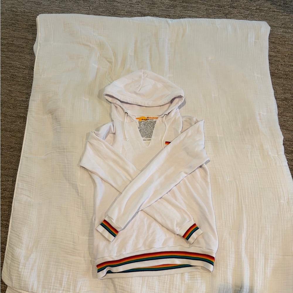 Early 2010’s Aviator Nation White Hoodie with rainbow trim🕺